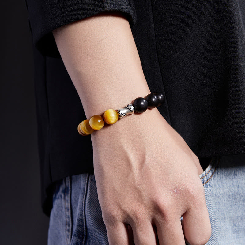 Foviel 999 Sterling Silver Ebony Tiger Eye Black Obsidian Relax Bracelet