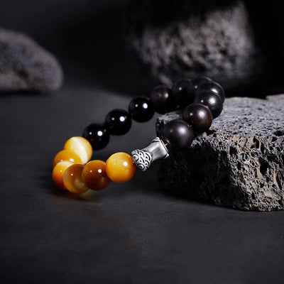 Foviel 999 Sterling Silver Ebony Tiger Eye Black Obsidian Relax Bracelet