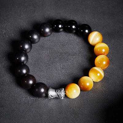 Foviel 999 Sterling Silver Ebony Tiger Eye Black Obsidian Relax Bracelet