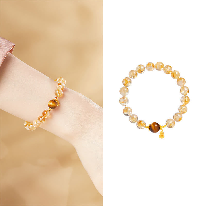 Foviel 925 Sterling Silver Gourd Fu Character Citrine Tiger Eye Prosperity Bracelet