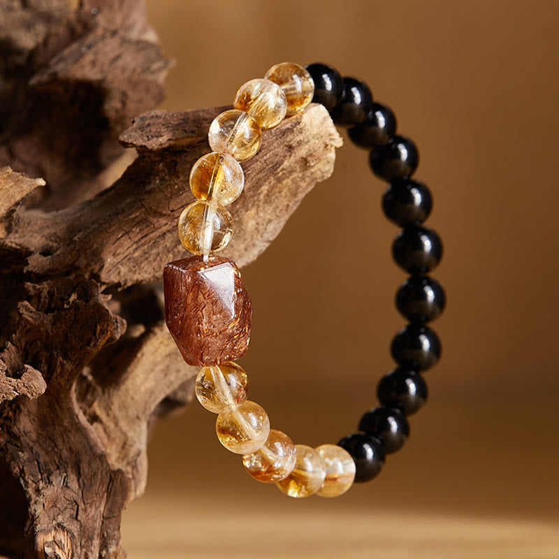 Foviel Natürliche schwarze Obsidian Citrin Super Seven Kristall Stärke Armband