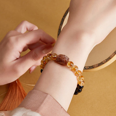Foviel Natural Black Obsidian Citrine Super Seven Crystal Strength Bracelet