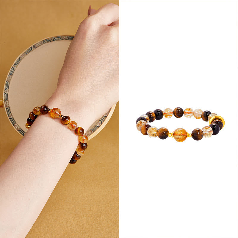 Foviel 999 Sterling Silver Natural Citrine Tiger Eye Peace Buckle Protection Bracelet