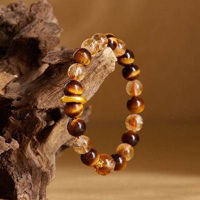 Foviel 999 Sterling Silver Natural Citrine Tiger Eye Peace Buckle Protection Bracelet