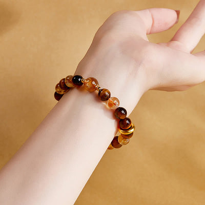 Foviel 999 Sterling Silver Natural Citrine Tiger Eye Peace Buckle Protection Bracelet