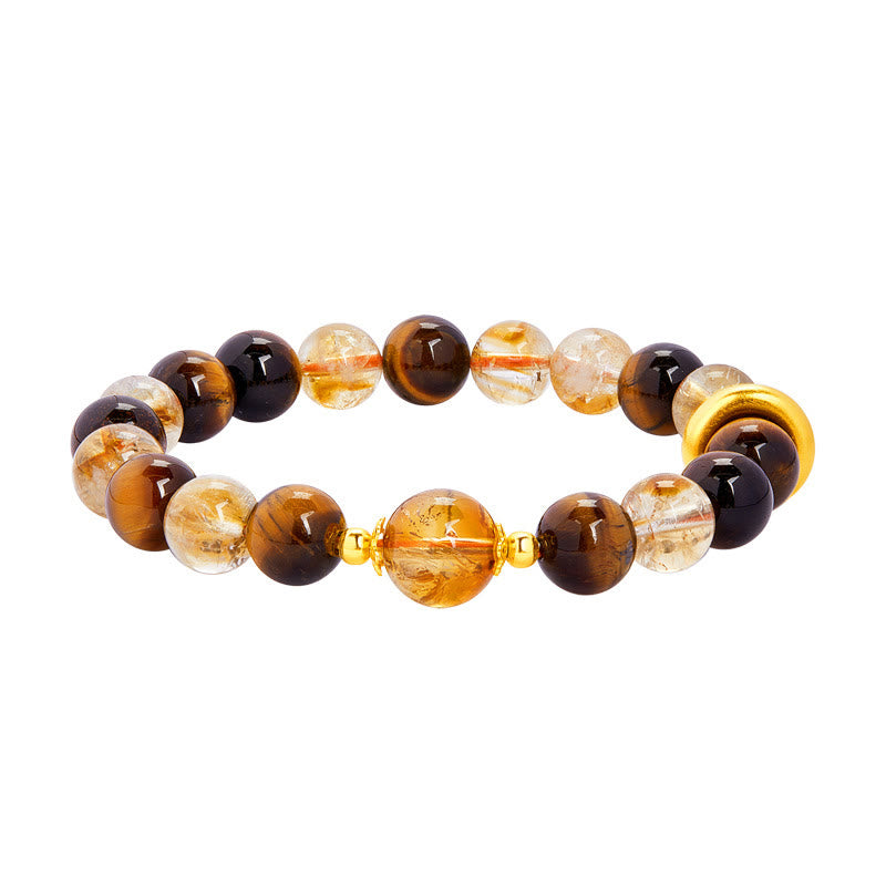 Foviel 999 Sterling Silver Natural Citrine Tiger Eye Peace Buckle Protection Bracelet