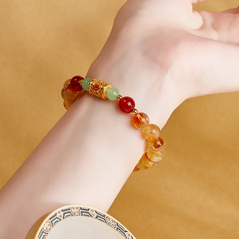 Foviel 999 Sterling Silver Natural Citrine Red Agate Hetian Jade Beads Protection Bracelet
