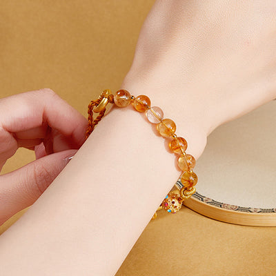 Foviel 925 Sterling Silver Natural Citrine White Crystal Peace Buckle Meaning Fu Character Protection Braided String Bracelet