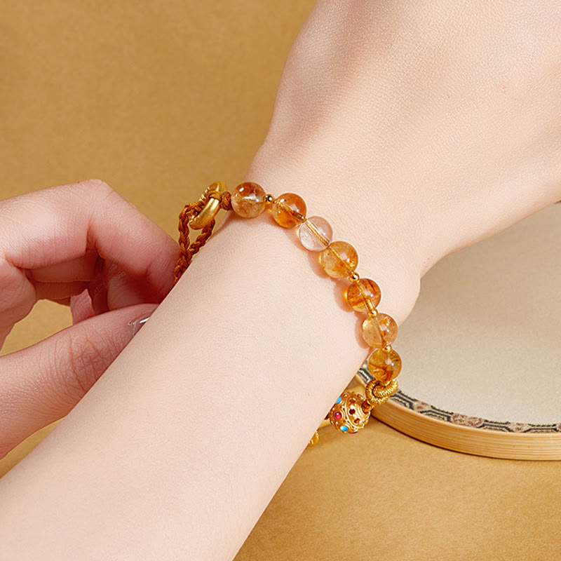 Foviel 925 Sterling Silver Natural Citrine White Crystal Peace Buckle Meaning Fu Character Protection Braided String Bracelet