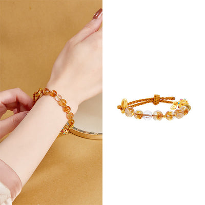Foviel 925 Sterling Silver Natural Citrine White Crystal Peace Buckle Meaning Fu Character Protection Braided String Bracelet