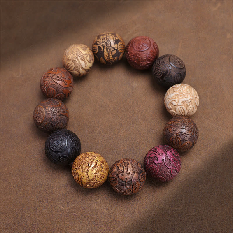 Foviel Carving Sandelholz Chinesisch Zodiac Ausgeprägte Drachen Phoenix Fu Charakter spirituell Armband