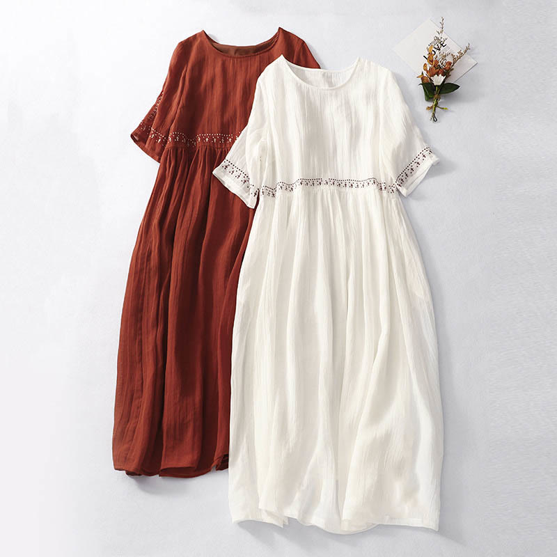 Buddha Stones Solid Color Embroidery Short Sleeve Cotton Midi Dress - image 1