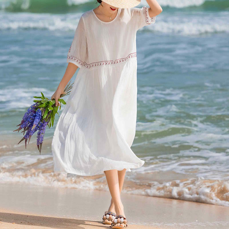 Buddha Stones Solid Color Embroidery Short Sleeve Cotton Midi Dress - image 11