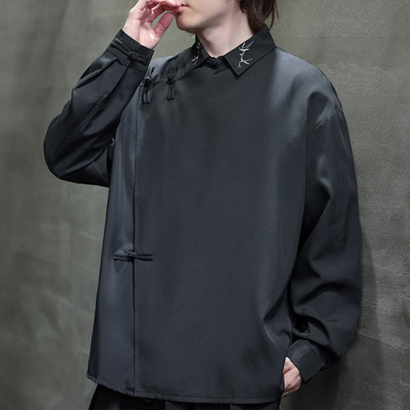 Foviel Vintage Pure Color Chinese Frog-Button Design Embroidery Lapel Men's Long Sleeve Shirt