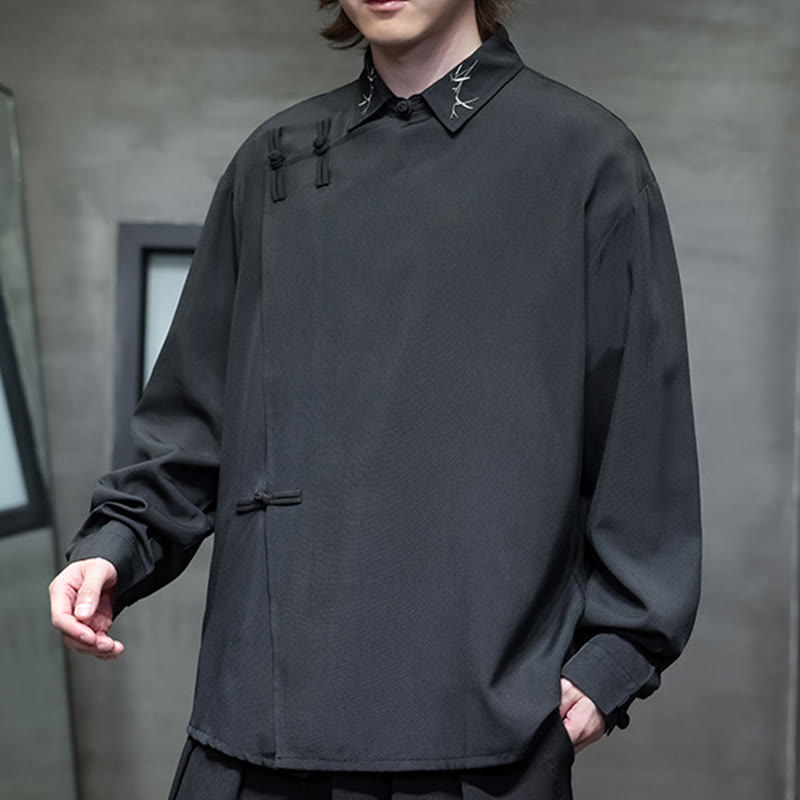 Foviel Vintage Pure Color Chinese Frog-Button Design Embroidery Lapel Men's Long Sleeve Shirt