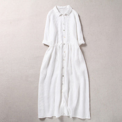 Buddha Stones Fall Embroidery Button Design Cotton Linen Long Sleeve Midi Dress With Pockets - White - US8-10，UK/AU12-14，EU40-42 (2XL) - image 13