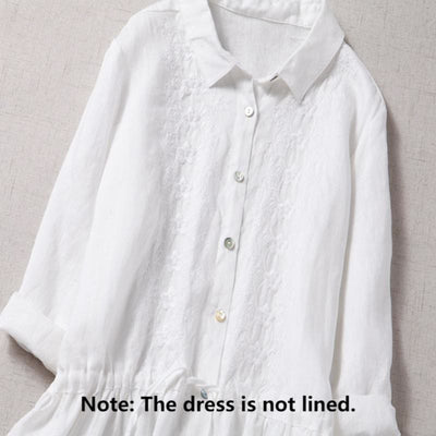 Buddha Stones Fall Embroidery Button Design Cotton Linen Long Sleeve Midi Dress With Pockets - image 14