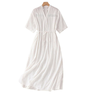 Buddha Stones Summer Plain Hollow Jacquard Design Cotton Short Sleeve Midi Dress With Pockets - image 8