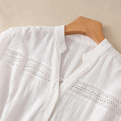 Buddha Stones Summer Plain Hollow Jacquard Design Cotton Short Sleeve Midi Dress With Pockets - image 2