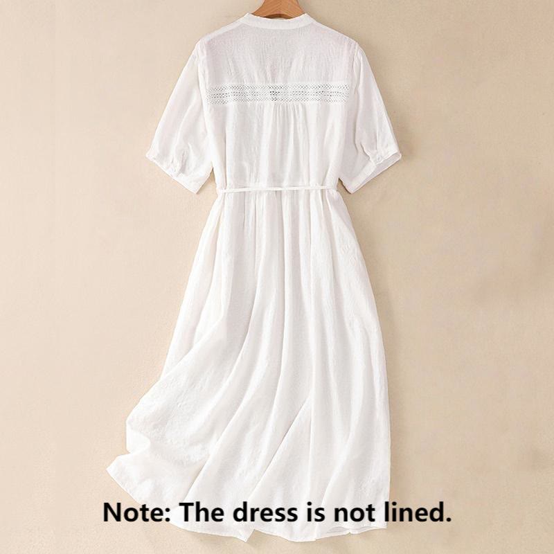 Buddha Stones Summer Plain Hollow Jacquard Design Cotton Short Sleeve Midi Dress With Pockets - image 1