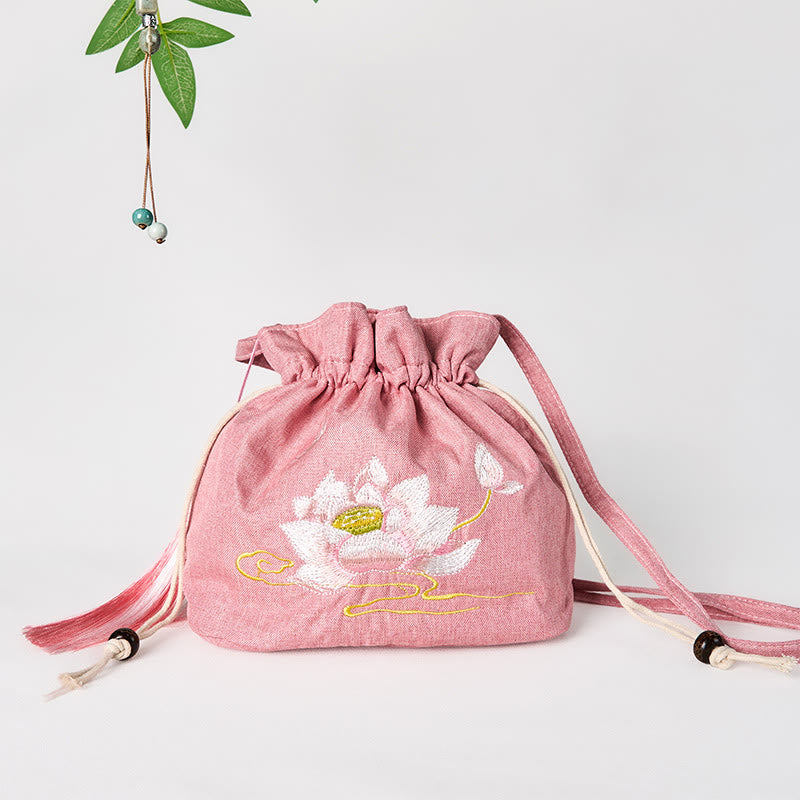 Foviel stickte hell rosa Lotus Baumwolle Leinen Umhängetasche Schultertasche