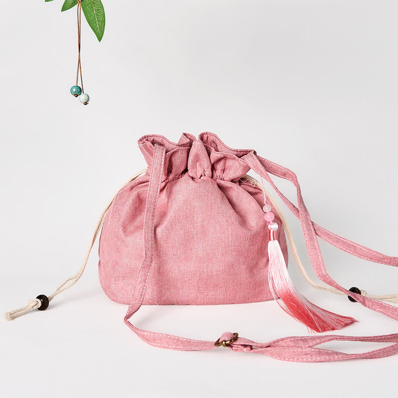Foviel stickte hell rosa Lotus Baumwolle Leinen Umhängetasche Schultertasche