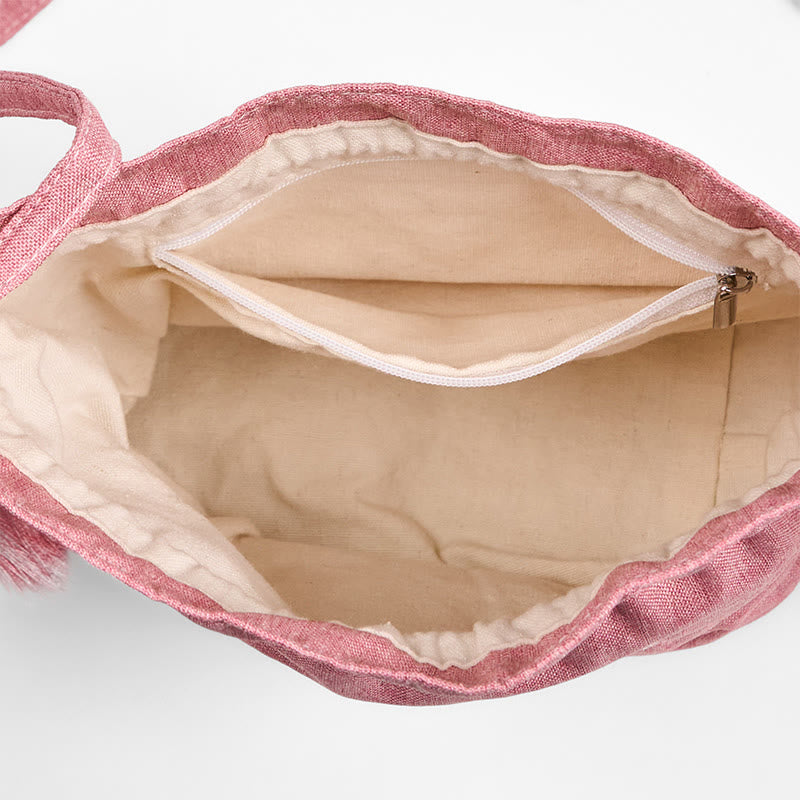 Foviel stickte hell rosa Lotus Baumwolle Leinen Umhängetasche Schultertasche