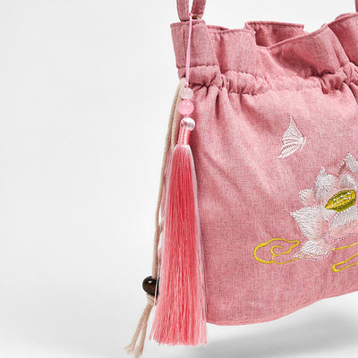 Foviel stickte hell rosa Lotus Baumwolle Leinen Umhängetasche Schultertasche