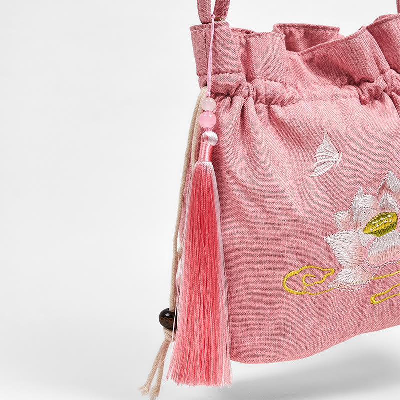 Foviel stickte hell rosa Lotus Baumwolle Leinen Umhängetasche Schultertasche