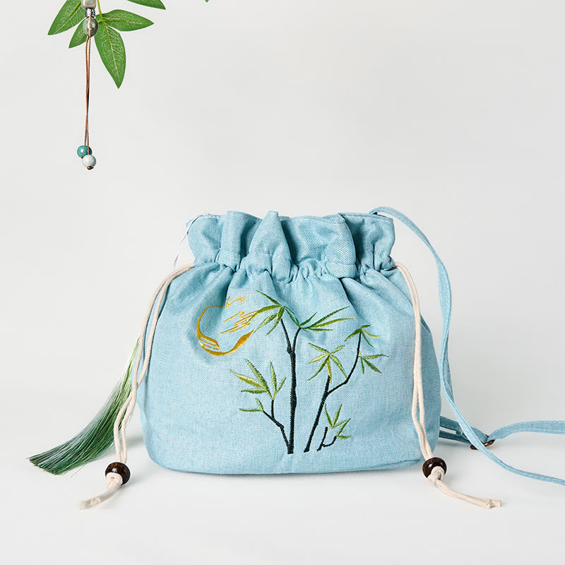Foviel Sticked Green Bambus Baumwolle Leinen Umhängetasche Schultertasche