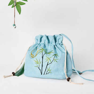 Foviel Sticked Green Bambus Baumwolle Leinen Umhängetasche Schultertasche