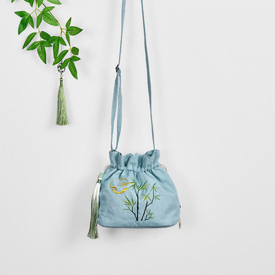 Foviel Sticked Green Bambus Baumwolle Leinen Umhängetasche Schultertasche