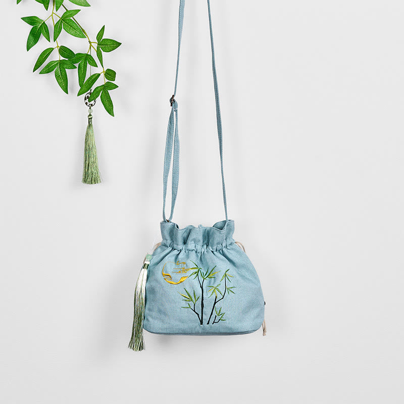 Foviel Sticked Green Bambus Baumwolle Leinen Umhängetasche Schultertasche