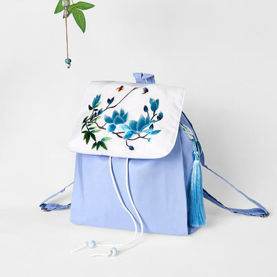 Foviel Handgefertigte blaue Magnolia Stickerei große Kapazität Leinwand Rucksack