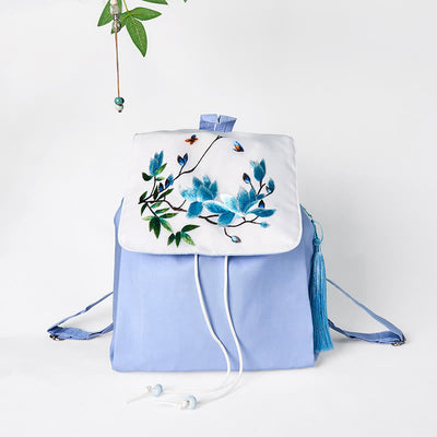 Foviel Handgefertigte blaue Magnolia Stickerei große Kapazität Leinwand Rucksack