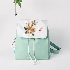 Foviel Handgefertigte grüne Pfingstrose Blumen Stickerei große Kapazität Leinwand Rucksack
