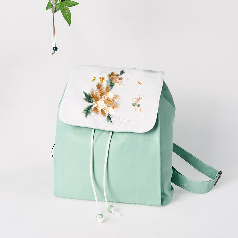 Foviel Handgefertigte grüne Pfingstrose Blumen Stickerei große Kapazität Leinwand Rucksack