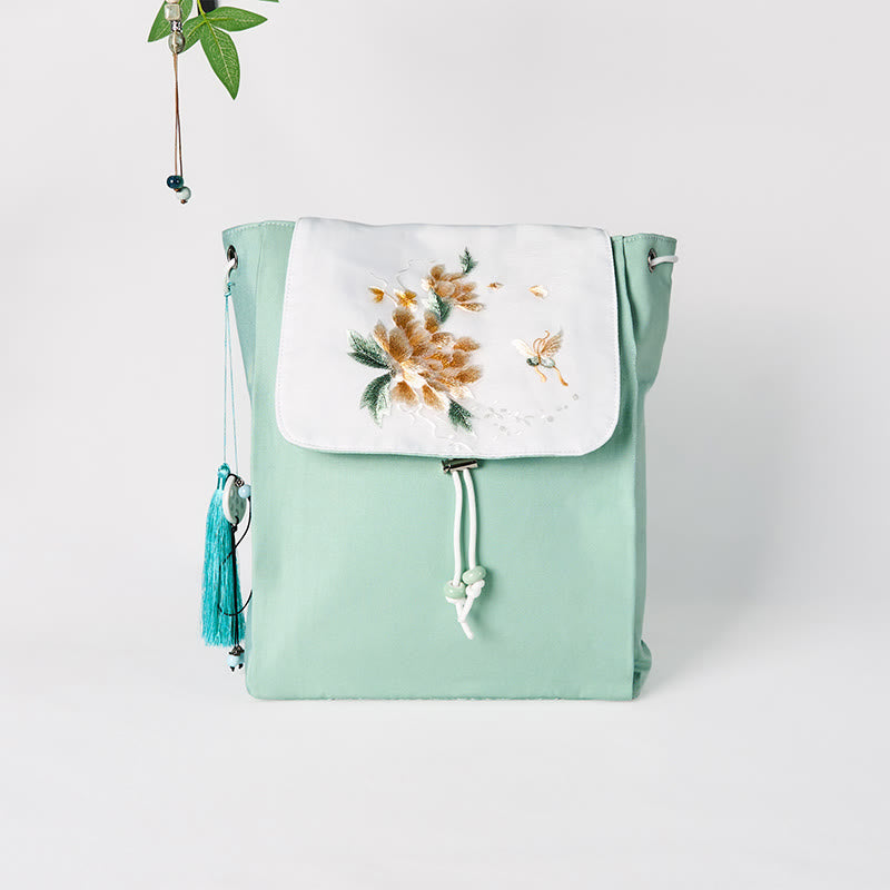 Foviel Handgefertigte grüne Pfingstrose Blumen Stickerei große Kapazität Leinwand Rucksack