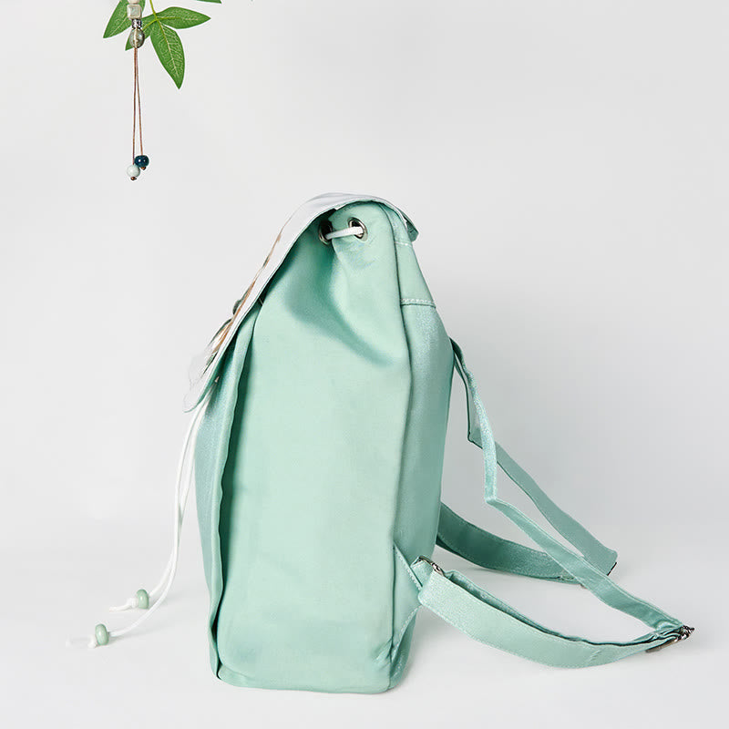 Foviel Handgefertigte grüne Pfingstrose Blumen Stickerei große Kapazität Leinwand Rucksack