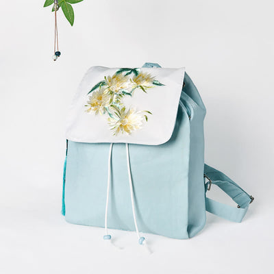 Foviel Handgefertigtes blaues Epiphyllum Stickerei große Kapazität Leinwand Rucksack
