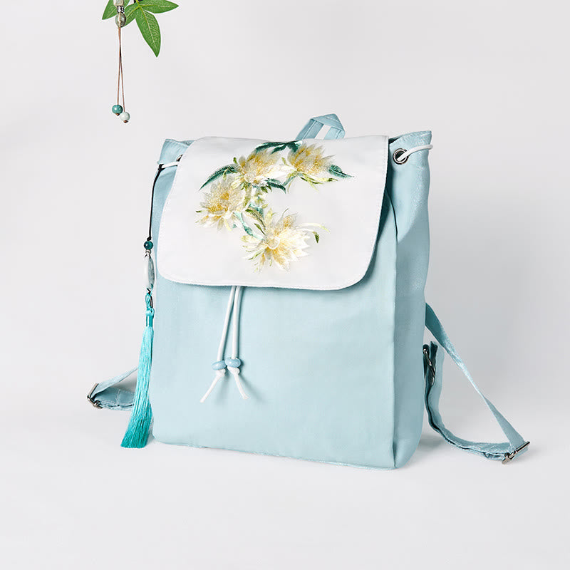 Foviel Handgefertigtes blaues Epiphyllum Stickerei große Kapazität Leinwand Rucksack