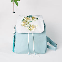 Foviel Handgefertigtes blaues Epiphyllum Stickerei große Kapazität Leinwand Rucksack
