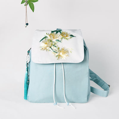 Foviel Handgefertigtes blaues Epiphyllum Stickerei große Kapazität Leinwand Rucksack