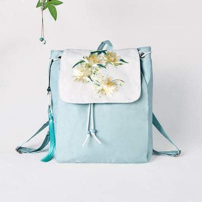 Foviel Handgefertigtes blaues Epiphyllum Stickerei große Kapazität Leinwand Rucksack