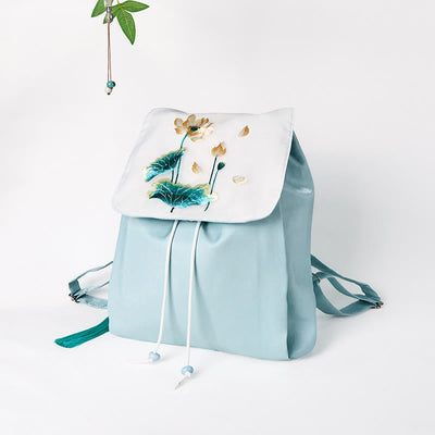 Foviel Handmade Blue Lotus Embroidered Large Capacity Canvas Backpack