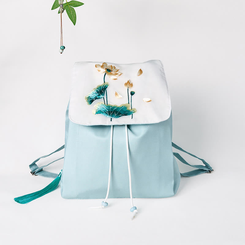 Foviel Handmade Blue Lotus Embroidered Large Capacity Canvas Backpack