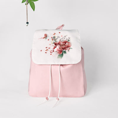 Foviel Handmade Pink Peony Flowers Embroidered Large Capacity Canvas Backpack