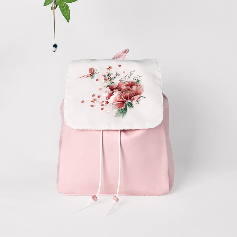 Foviel Handmade Pink Peony Flowers Embroidered Large Capacity Canvas Backpack