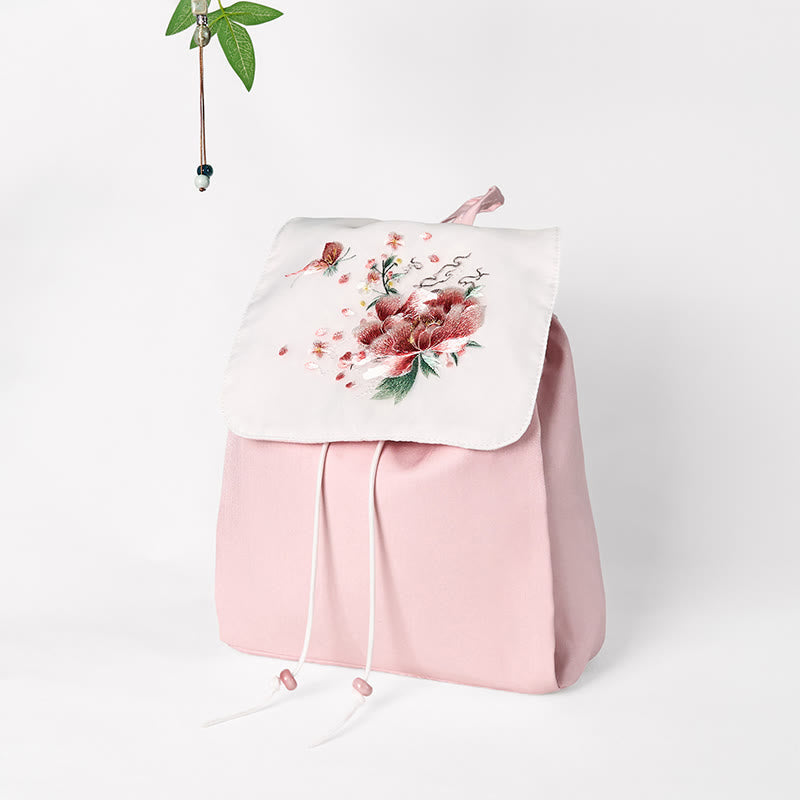 Foviel Handmade Pink Peony Flowers Embroidered Large Capacity Canvas Backpack