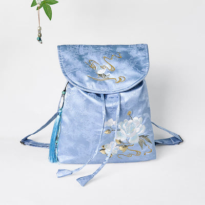 Foviel Handmade Blue Camellia Embroidered Large Capacity Polyester Cotton Backpack